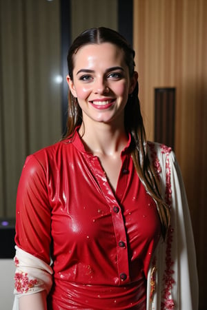 ((Wet clothes, wet hair, wet skin:1.4) A cinematic medium shot of a soaking wet Emma Watson wearing a traditional crimson, modest, full-sleeve wet cotton kameez and a wet white dupatta shawl with intricate embroidery designs. She is presenting at the office, smiling confidently. The wet fabric shimmers as it catches the lights. The soaked full-sleeve dress accentuates her arms, and the draped dress highlights her elegant silhouette. Her wet hair is slicked back, and she strikes a powerful pose. Despite being drenched, her makeup remains flawless, enhancing her glamorous yet bold appearance. The dramatic contrast between the location and her soaked traditional attire adds flair to the moment, as the lighting reflects off the wet fabric....

,,Realistic.,, ,soakingwetclothes, wet clothes, wet hair, wet,,3/4 body image ,wet cloths cling to body,Wet,covered in oil,covered in mud,wam,wetlook, Fetishwet,Enhanced all