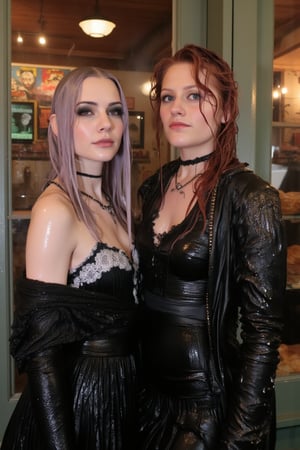 In this breathtaking 8K wallpaper, Cinematic,  A photo of a vintage-themed cafe or bakery with two soaking wet slimy Hollywood celebrity standing inside. The wet slimy woman on the left is Emma Stone. She has wet pastel purple hair, dark eye makeup, and is wearing a wet soaked black gothic dress with white lace details paired with a intricate wet lace shawl. She has tattoos on her arms. The soaking wet slimy woman on the right is Brie Larson.  She has wet deep red hair, dark eye makeup, and is dressed in a black jacket with lace and metal details.  she wears a wet satin shawl with patterned design. Behind them, the cafe's interior is adorned with various posters, old-fashioned signs, and a display of pastries and bread. Their clothes, hair, and skin are completely soaking wet, and their wet clothes cling to their bodies. Their hair is full of shampoo, and there are many suds flowing through their bodies.. The atmosphere is electric with intimacy and excitement. both of them doused completely in transparent slime. Both of them has shampoo in their hair and soap flowing through the body. 
. VNS_Add more details,Wet,covered in oil,covered in mud,wam,wet clothes,pouring oil,wetlook,pouring oil,Fetishwet, her dress covered with slime, her skin and hair covered in slime. 