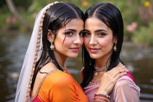 ((wet clothes, wet skin, wet hair:1.4)), two soaking wet young swidish brides posing for a post wedding image in wet Indian kanjevaram saree, wet full sleeve blouse and wet bridal veil.  her hair and clothes are completely wet, slimed and soaked.
. wetness in their hair, clothes,  skin.,Fetishwet,Enhanced all