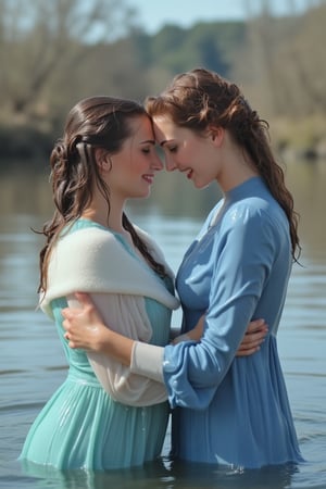 ((wet clothes, wet skin, wet hair:1.4)), Stunning and realistic photo captured with a 50mm lens: Two elegant Victorian ladies in blue shades dresses paired with white winter shawls, submerged in calm water of the Wild West. Hugging happily while drenched,  attire made of solid color material and cotton ballgowns clinging to their forms. Erin Moriarty's style,  long sleeves and restored retro style showcase drenched hair and soaked attire. Water cascades  their hair, clothes,  skin.,Fetishwet