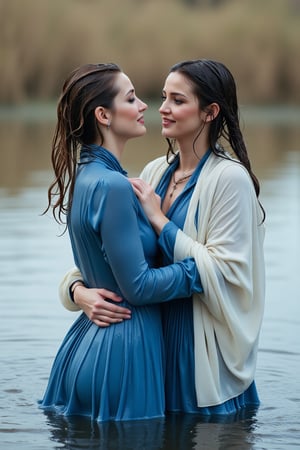 ((wet clothes, wet skin, wet hair:1.4)), Stunning and realistic photo captured with a 50mm lens: Two elegant Victorian ladies in blue shades dresses paired with white winter shawls, submerged in calm water of the Wild West. Hugging happily while drenched,  attire made of solid color material and cotton ballgowns clinging to their forms. Erin Moriarty's style,  long sleeves and restored retro style showcase drenched hair and soaked attire. Water cascades  their hair, clothes,  skin.,Fetishwet