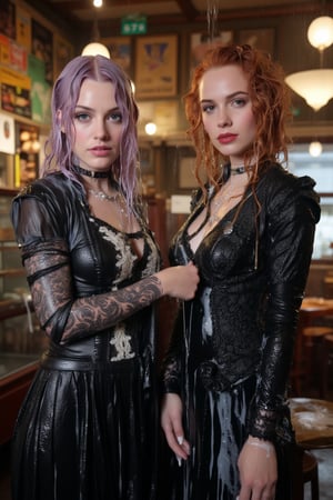 In this breathtaking 8K wallpaper, Cinematic,  A photo of a vintage-themed cafe or bakery with two soaking wet slimy Hollywood celebrity standing inside. The wet slimy woman on the left is Emma Stone. She has wet pastel purple hair, dark eye makeup, and is wearing a wet soaked black gothic frock dress with white lace details paired with a intricate wet lace shawl. She has tattoos on her arms. The soaking wet slimy woman on the right is Brie Larson.  She has wet deep red hair, dark eye makeup, and is dressed in a black jacket with lace and metal details.  she wears a wet satin shawl with patterned design. Behind them, the cafe's interior is adorned with various posters, old-fashioned signs, and a display of pastries and bread. Their clothes, hair, and skin are completely soaking wet, and their wet clothes cling to their bodies. Their hair is full of shampoo, and there are many suds flowing through their bodies.. The atmosphere is electric with intimacy and excitement. both of them doused completely in transparent slime. Both of them has shampoo in their hair and soap flowing through the body. 
. VNS_Add more details,Wet,covered in oil,covered in mud,wam,wet clothes,pouring oil,wetlook,pouring oil,Fetishwet, her dress covered with slime, her skin and hair covered in slime. 