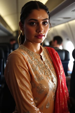 ((Wet clothes, wet hair, wet skin:1.4) (wet clothes, wet hair, wet face, wet skin, water droplets) A cinematic image of a soaking wet indian air hostess , adorned in a traditional tan cream color collared transparent full sleeve salwar kameez with silver embroidery and red dupatta. She is posing for a photo, wearing a soaked skin color salwar kameez with traditional embroidery. The woman is also wearing a gold necklace. Her wet hair is neatly tied in a bun, with wetness visibly showing on her face, hair, and clothes. Full sleeves wet kameez clinging to her body and has floral pattern. . The setting is inside a dimly-lit airplane, illuminating her and the passengers, professional yet alluring expression, 4K, RAW, masterpiece,  full sleeve, tight.


,,Realistic.,, ,soakingwetclothes, wet clothes, wet hair, wet,,3/4 body image ,wet cloths cling to body,Wet,covered in oil,covered in mud,wam,wetlook, Fetishwet,Enhanced all