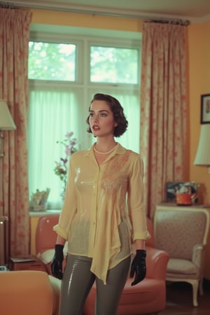 ((wet clothes, wet skin, wet hair:1.4)), A retro scene featuring a woman with wet, short, dark hair standing in a brightly lit living room. She is dressed in a wet, buttoned-up, full-sleeve cream shirt that clings slightly to her form, adding a touch of elegance to the vintage setting. she also elegantly draped in a wet shawl with intrecate design. She wears a pearl necklace and gloves, her expression startled, her eyes wide with surprise as she stands near the window. The living room is furnished with retro decor—vintage patterned curtains, a classic armchair, and ornate lamps. The soft, warm lighting enhances the mid-20th century vibe, giving the room a cozy and nostalgic atmosphere. The vibrant colors and her dramatic expression capture the characteristic flair of mid-century pulp films, creating an air of intrigue and mystery within the stylish vintage setting.,Fetishwet