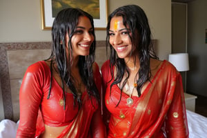 ((wet clothes, wet skin, wet hair:1.4)), two soaking wet young swidish brides posing for a post wedding image in wet Indian kanjevaram saree, wet full sleeve blouse and wet bridal veil.  her hair and clothes are completely wet, slimed and soaked.
. wetness in their hair, clothes,  skin.,Fetishwet,Enhanced all