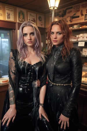 In this breathtaking 8K wallpaper, Cinematic,  A photo of a vintage-themed cafe or bakery with two soaking wet slimy Hollywood celebrity standing inside. The wet slimy woman on the left is Emma Stone. She has wet pastel purple hair, dark eye makeup, and is wearing a wet soaked black gothic frock dress with white lace details paired with a intricate wet lace shawl. She has tattoos on her arms. The soaking wet slimy woman on the right is Brie Larson.  She has wet deep red hair, dark eye makeup, and is dressed in a black jacket with lace and metal details.  she wears a wet satin shawl with patterned design. Behind them, the cafe's interior is adorned with various posters, old-fashioned signs, and a display of pastries and bread. Their clothes, hair, and skin are completely soaking wet, and their wet clothes cling to their bodies. both of them wear wet winter scarf.  Their hair is full of shampoo, and there are many suds flowing through their bodies.. The atmosphere is electric with intimacy and excitement. both of them doused completely in transparent slime. Both of them has shampoo in their hair and soap flowing through the body. 
. VNS_Add more details,Wet,covered in oil,covered in mud,wam,wet clothes,pouring oil,wetlook,pouring oil,Fetishwet, her dress covered with slime, her skin and hair covered in slime. 