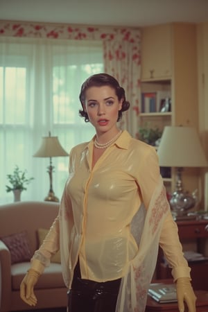 ((wet clothes, wet skin, wet hair:1.4)), A retro scene featuring a woman with wet, short, dark hair standing in a brightly lit living room. She is dressed in a wet, buttoned-up, full-sleeve cream shirt that clings slightly to her form, adding a touch of elegance to the vintage setting. she also elegantly draped in a wet shawl with intrecate design. She wears a pearl necklace and gloves, her expression startled, her eyes wide with surprise as she stands near the window. The living room is furnished with retro decor—vintage patterned curtains, a classic armchair, and ornate lamps. The soft, warm lighting enhances the mid-20th century vibe, giving the room a cozy and nostalgic atmosphere. The vibrant colors and her dramatic expression capture the characteristic flair of mid-century pulp films, creating an air of intrigue and mystery within the stylish vintage setting.,Fetishwet