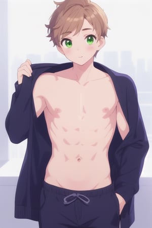 a perfect boy, with green eyes and beautiful light brown hair, a boy with a perfect six-pack stomach, sexy boy, cute boy, and aesthetic boy, aesthetic photo  
