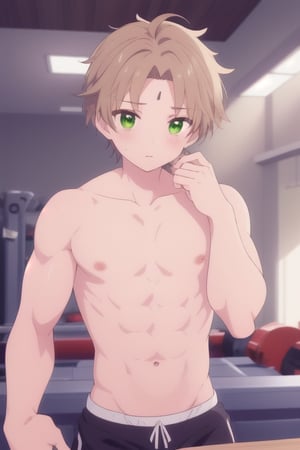 This anime boy is flawless in every aspect, and he is hot, with mesmerizing green eyes and beautiful light brown hair that falls perfectly over his forehead. His physique is sculpted, showcasing a washboard stomach that reflects his commitment to training. He exudes a sensuality that captures attention, yet simultaneously radiates a charming sweetness that makes him irresistibly cute. Every movement he makes is aesthetically pleasing, creating an image that every girl desires. A photo of him would be an aesthetic masterpiece, capturing his perfection under any light.
