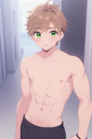 a perfect boy, with green eyes and beautiful light brown hair, a boy with a perfect six-pack stomach, sexy boy, cute boy, and aesthetic boy, aesthetic photo, He's that perfect boy that all girls want
