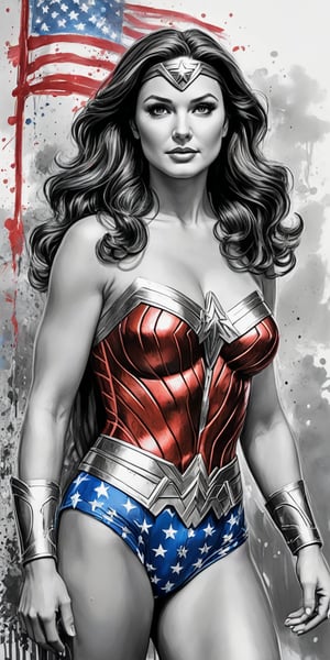 Black and white sketch, realistic, Linda Carter, 60's tv show, Wonder Woman,  (((Fourth of July celebration))), (((splashes of  colors)))) neon colors 