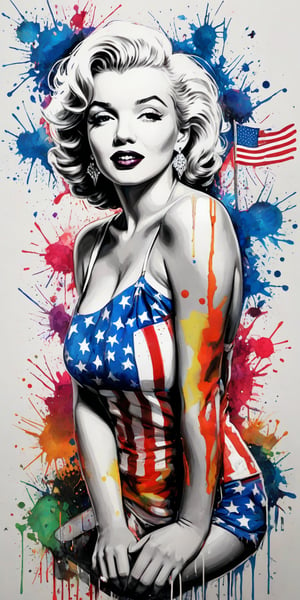 Black and white sketch, realistic, Marilyn Monroe,  (((Fourth of July celebration))), (((splashes of  colors)))) neon colors 