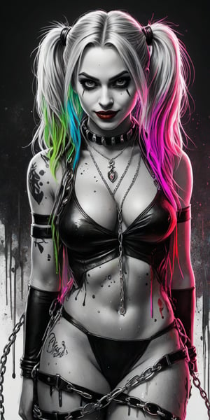 Black and white sketch, realistic, female, Harley Quinn, DC comics, long flowing hair, chains, splashes of neon colors, neon colors