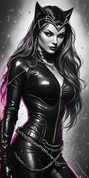 Black and white sketch, realistic, female, catwoman, DC comics, long flowing hair, chains, splashes of neon colors, neon colors