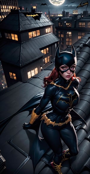 1girl, symmetrical face, beautiful face, perfect eyes, sparks,, pale skin, long red hair,bat girl, dc comics, Barbara Gordon,(((batgirl suit and mask))),(((rooftop at night))), full moon, suit is torn up across chest, abdomen, large breasts, large cleavage, midriff, skinny, large hip, (sexy pose, dynamic pose),, ultra high resolution, 8k, HDr, art,