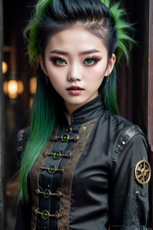 ((top quality)), ((masterpiece)), close portrait of a young gothic chinese girl with a  touch of punky, ((front view,)) With a black velvet unbuttoned shirt, with a rebellious appearance, black shaded eyes, green hair, intricate details, highly detailed light brown eyes, highly detailed mouth, cinematic image, illuminated by soft light,photo of perfecteyes eyes,HZ Steampunk