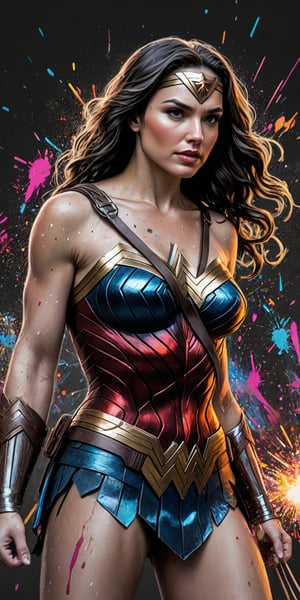 Black and white sketch, realistic, Wonder Woman, Fourth of July celebration, (((splashes of  colors)))) neon colors 