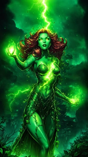 Poison ivy, DC comics, green aura, sexy, fire, world, soul, darkness, black, fear, thorny face,dark anime,vintage_p_style, 16k, high definition, HDR, neon colors, lightning