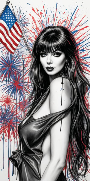 Black and white sketch, realistic, Elvira, Fourth of July celebration, (((splashes of  colors)))) neon colors 