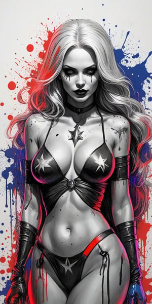 Black and white sketch, realistic, Lady Death, Fourth of July celebration, (((splashes of  colors)))) neon colors 