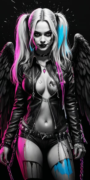 Black and white sketch, realistic, female, Harley Quinn as a dark angel, long glowing hair, chains, (((splashes of neon colors))), neon colors