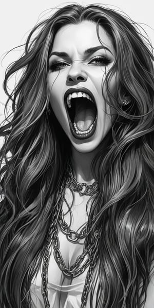 Black and white sketch, realistic, female, Vampire, open mouth, long fangs, long flowing hair, chains, splashes of neon colors, neon colors
