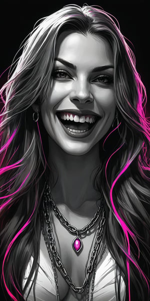 Black and white sketch, realistic, female, Vampire, smile, long fangs, long flowing hair, chains, splashes of neon colors, neon colors