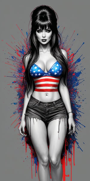 Black and white sketch, realistic, Elvira, Fourth of July celebration, (((splashes of  colors)))) neon colors 