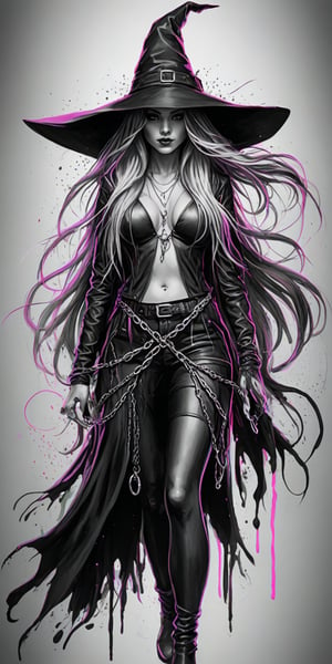 Black and white sketch, realistic, female, Witch, long flowing hair, chains, splashes of neon colors, neon colors