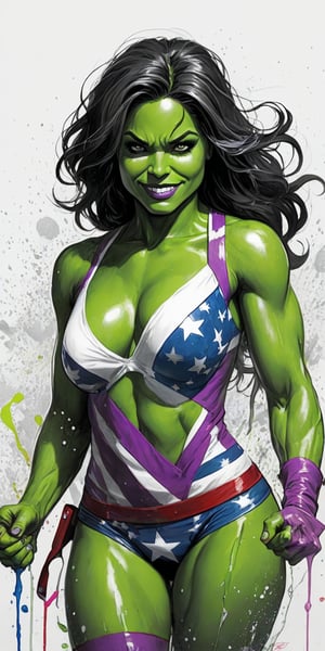 Black and white sketch, realistic, She-Hulk,  Fourth of July celebration, (((splashes of  colors)))) neon colors, happy face