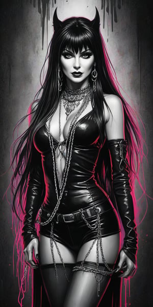 Black and white sketch, realistic, female, Elvira, Mistress of the dark, long flowing hair, chains, splashes of neon colors, neon colors