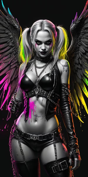 Black and white sketch, realistic, female, Harley Quinn as a dark angel, long glowing hair, chains, (((splashes of neon colors))), neon colors
