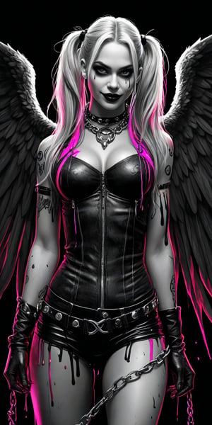 Black and white sketch, realistic, female, Harley Quinn as a dark angel, long glowing hair, chains, (((splashes of neon colors))), neon colors