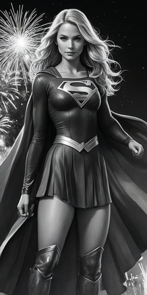 Black and white sketch, realistic, Supergirl, DC comics, (((Fourth of July celebration))),  Fireworks, (((splashes of  colors)))) neon colors 