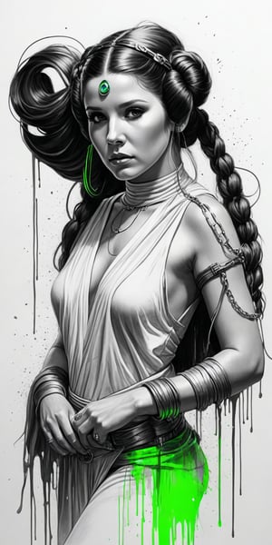 Black and white sketch, realistic, female, Princess Leia, Star Wars, long flowing hair, chains, splashes of neon colors, neon colors