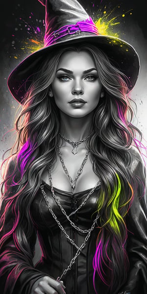 Black and white sketch, realistic, female, Glenda the good Witch, Wizard of Oz, long flowing hair, chains, splashes of neon colors, neon colors