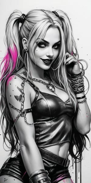 Black and white sketch, realistic, female, Harley Quinn, DC comics, long flowing hair, chains, splashes of neon colors, neon colors