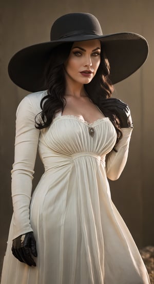 Realistic, HDR, 8k, Megan Fox Lady Dimitrescu cosplay,  large rimmed black sun hat, white dress, black gloves, black rose on left breast