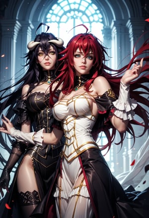 A sultry Albedo, dressed as a witch poses with Rias Gremory dressed as a devil, radiating an aura of gothic seduction.,score_9, score_8_up, score_7_up, score_6_up, 2_girls,RIAS GREMORY