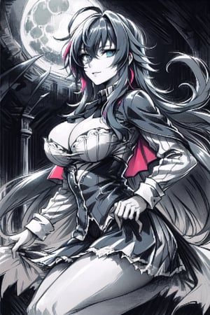 sketch, cleavage, red hood, seductive gaze, mysterious atmosphere, dark forest, moonlit night, flowing cloak, enigmatic smile, suggestive pose, subtle lighting, hints of danger, alluring presence, hidden secrets, captivating eyes,ClrSkt,monochome,rias gremory