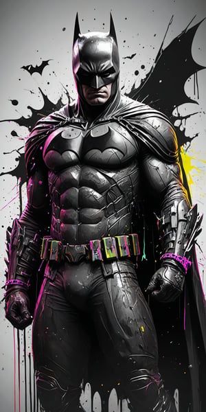 Black and white sketch, realistic, Batman, chains, (((splashes of neon colors))), neon colors