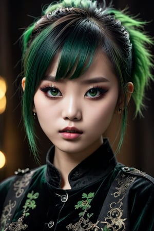 ((top quality)), ((masterpiece)), close portrait of a young gothic chinese girl with a  touch of punky, ((front view,)) With a black velvet unbuttoned shirt, with a rebellious appearance, black shaded eyes, green hair, intricate details, highly detailed light brown eyes, highly detailed mouth, cinematic image, illuminated by soft light,photo of perfecteyes eyes