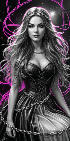 Black and white sketch, realistic, female, Glenda the good Witch, Wizard of Oz, long flowing hair, chains, splashes of neon colors, neon colors