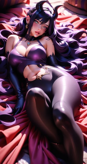 1girl, realistic, succubus, solo, black and white sketch, long hair, lying face down ass up, head towards viewer, full body tattoos, thighhighs, bra and panties, cleavage, jewelry, ample breasts, signature, necklace, lips,pelvic curtain, purple hue