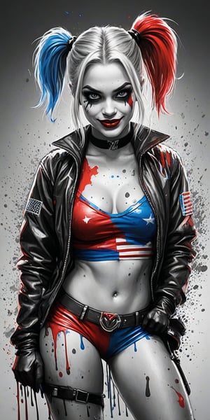 Black and white sketch, realistic, Harley Quinn, Fourth of July celebration, (((splashes of  colors)))) neon colors 