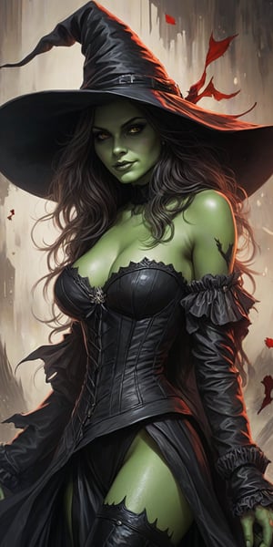 (masterpiece, high quality, realistic, 8K, high_res), abstract illustration, sketchbook style, ultra detailed, let's create a full body portrait of a sexy Wicked Witch of the West who's been adressed the phrase \Call me a sinner, call me a saint. Tell me it's over, i'll still love you the same. Call me your favorite, Call me the worst. Tell me it's over i dont want you to hurt. That's all that i can say, So i'll be on my way\. A painting about a feeling of hopelessness, acceptance of fate, readiness to let go of the past and move on. truly artwork, artgerm, inspired by Shinedown work, by badabum27, portraitart,Leonardo Style,artint