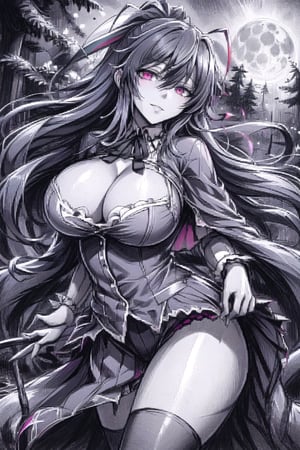 sketch, cleavage, red hood, seductive gaze, mysterious atmosphere, dark forest, moonlit night, flowing cloak, enigmatic smile, suggestive sexy pose, subtle lighting, hints of danger, alluring presence, hidden secrets, captivating eyes,ClrSkt,monochome,rias gremory,Akeno