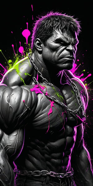 Black and white sketch, realistic, The Incredible Hulk, Marvel comics, chains, (((splashes of neon colors)))),  neon colors