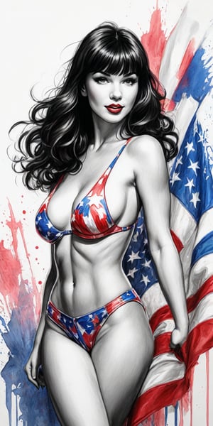 Black and white sketch, realistic, Betty Page, (((Fourth of July celebration))), (((splashes of  colors)))) neon colors 