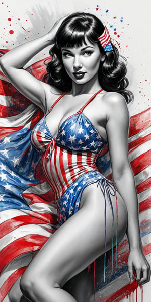 Black and white sketch, realistic, Betty Page, Pin up model,  (((Fourth of July celebration))), (((splashes of  colors)))) neon colors 